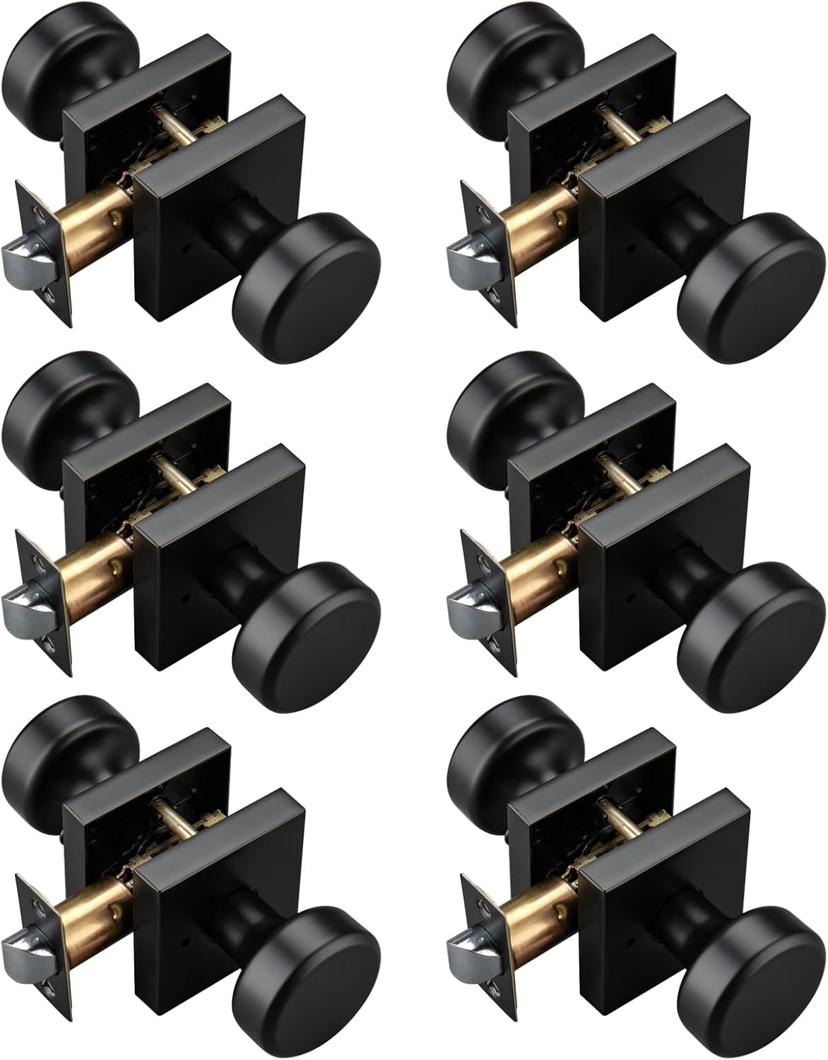 6 Pack Black Door Knobs with Square Rosette for Interior Doors