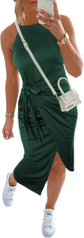 Sleeveless Striped Ruched Bodycon Midi Dress - Flattering Tie Waist Up