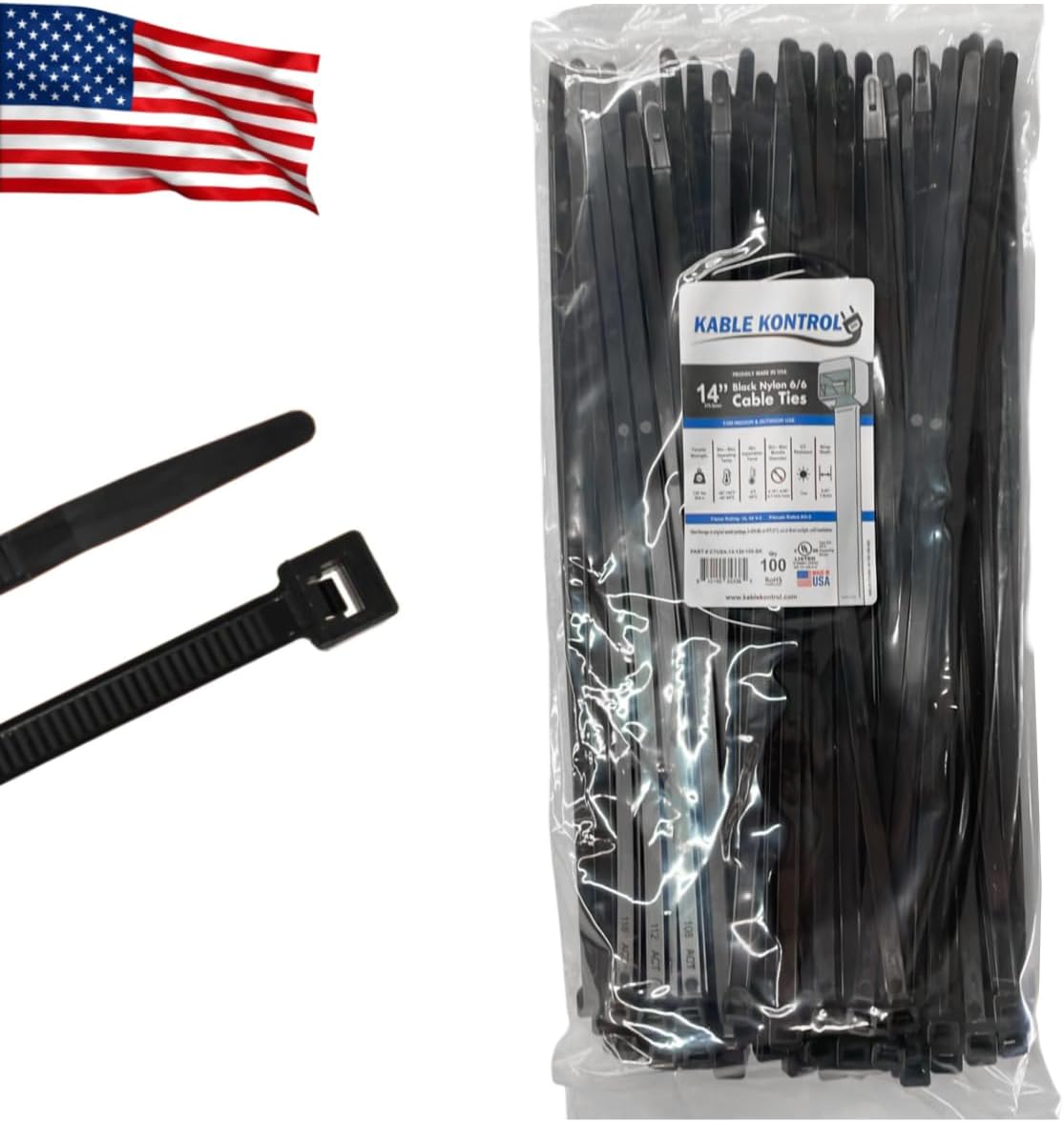 Kable Kontrol 14 Inch Black Cable Zip Ties for Indoor Outdoor Use