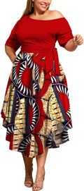 Plus Size Women Red Off Shoulder Boat Neck Irregular Midi Dress