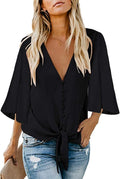 Womens Button Down V Neck Tie Knot Front Chiffon Top - Casual 3/4
