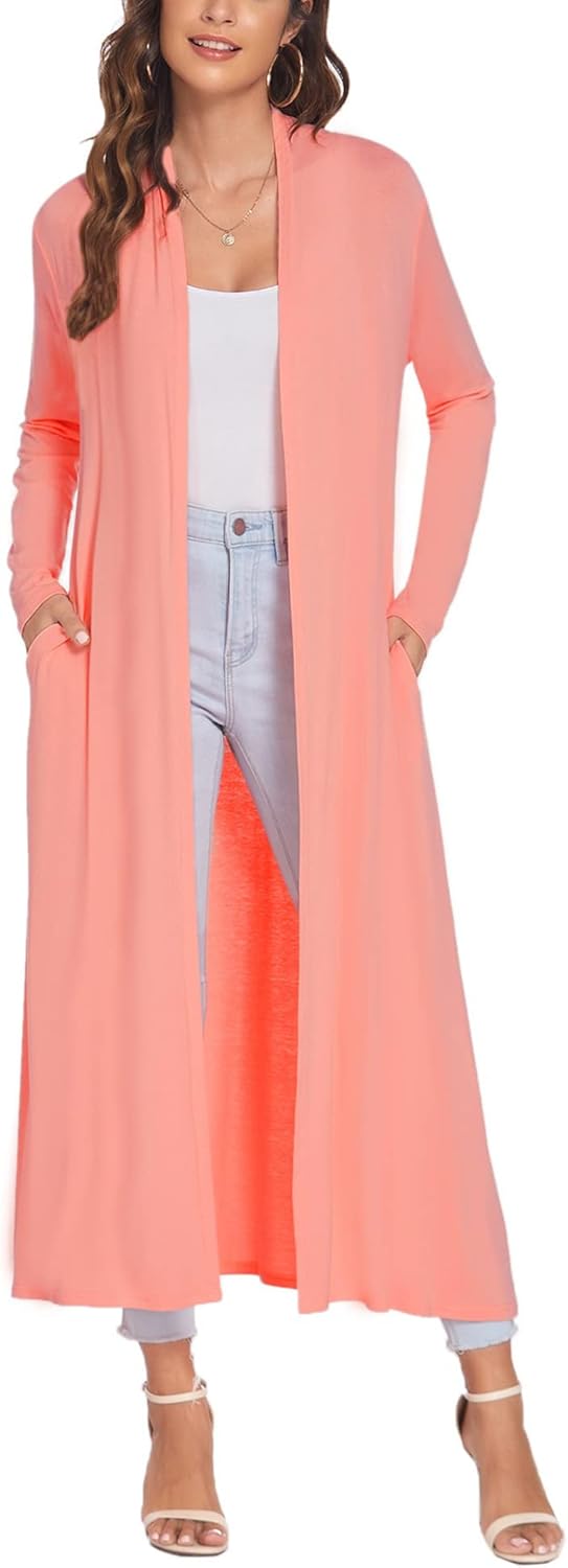 Bluetime Women Floor Length Open Front Cardigan with Pockets