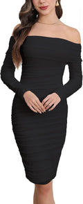 Women's Sexy Off Shoulder Ruched Bodycon Midi Dress - Elegant Fit long