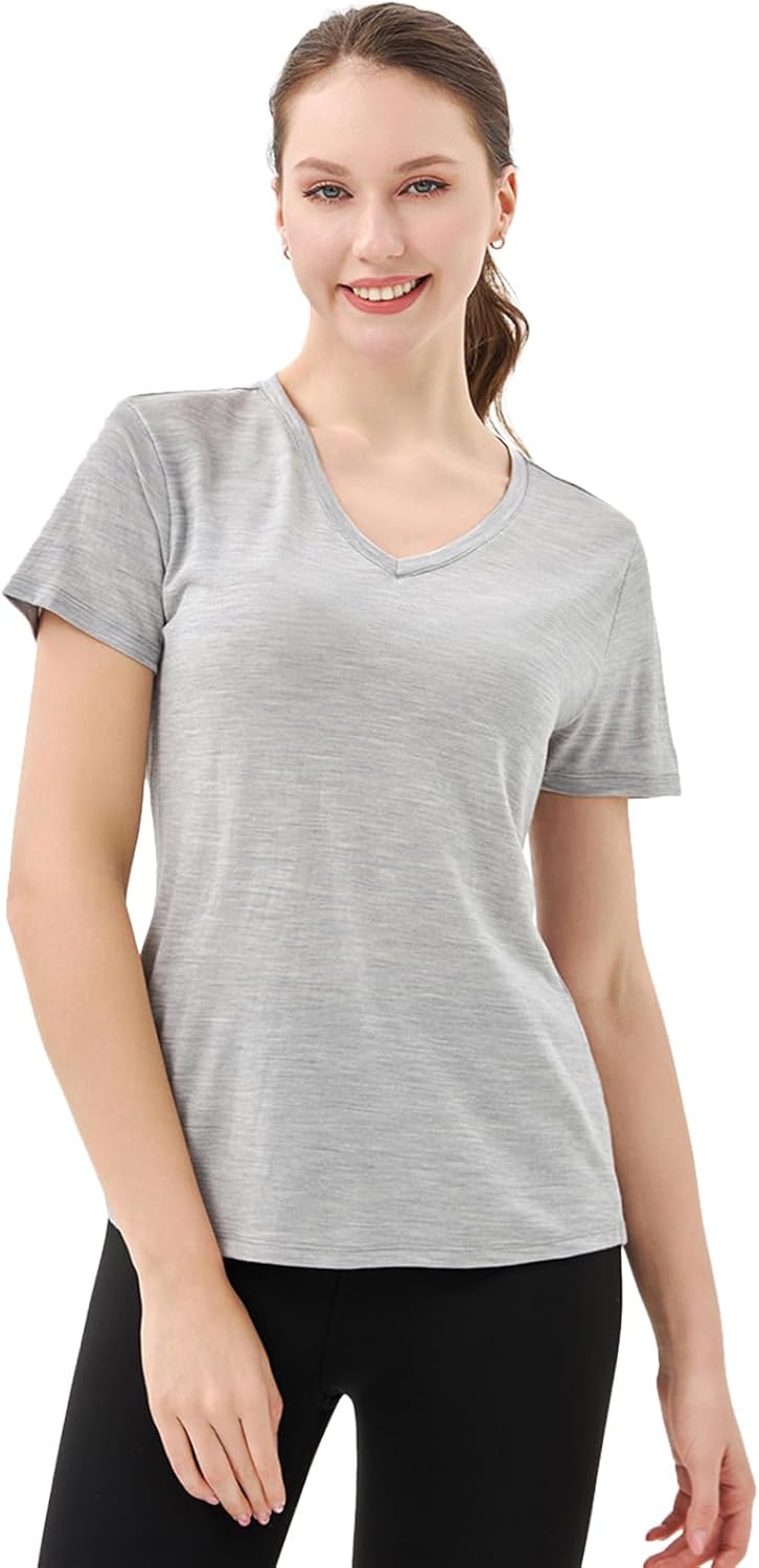 Merino Wool V Neck T-Shirt for Women - Odor Resistant Base Layer