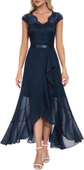Women's V-Neck Hi-Lo Lace Chiffon Dress for Wedding Guest - Elegant