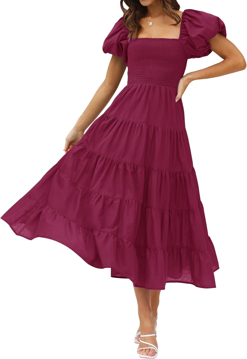 ZESICA Women's Summer Square Neck Puff Sleeve Midi Dress