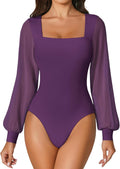Women Puff Long Sleeve Mesh Bodysuit Square Neck - Slimming Fit