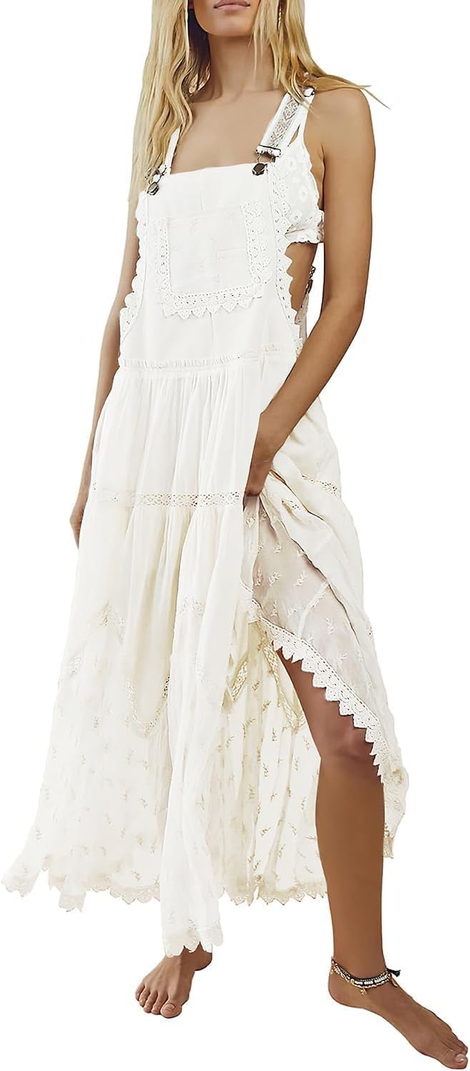 ebossy Women's Laced Embroidered Tulle Bib Dress for Summer Fun