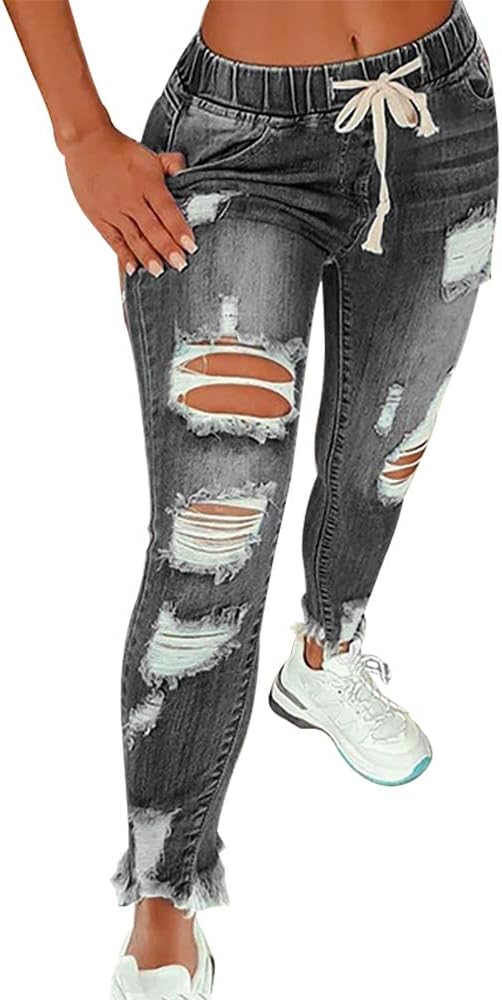 KUNMI Women High Waist Skinny Stretch Ripped Jeans for Comfort