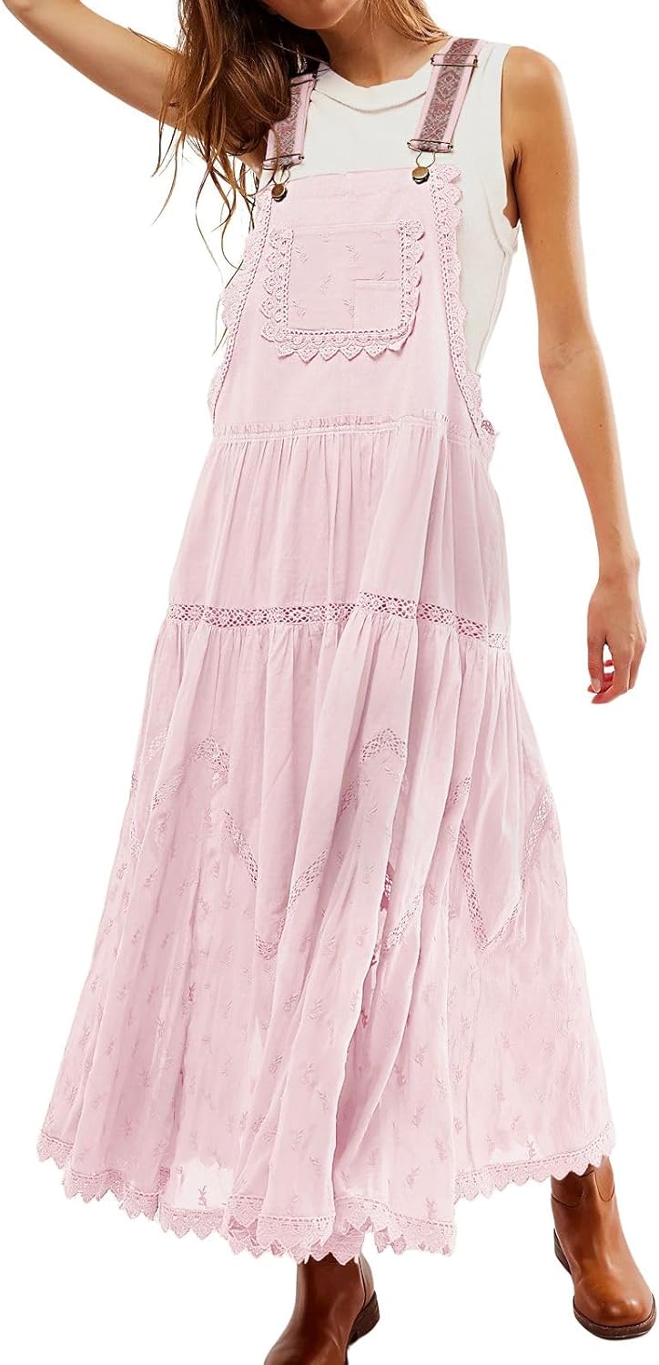 Women's Casual Lace Embroidered Maxi Dress with Pockets