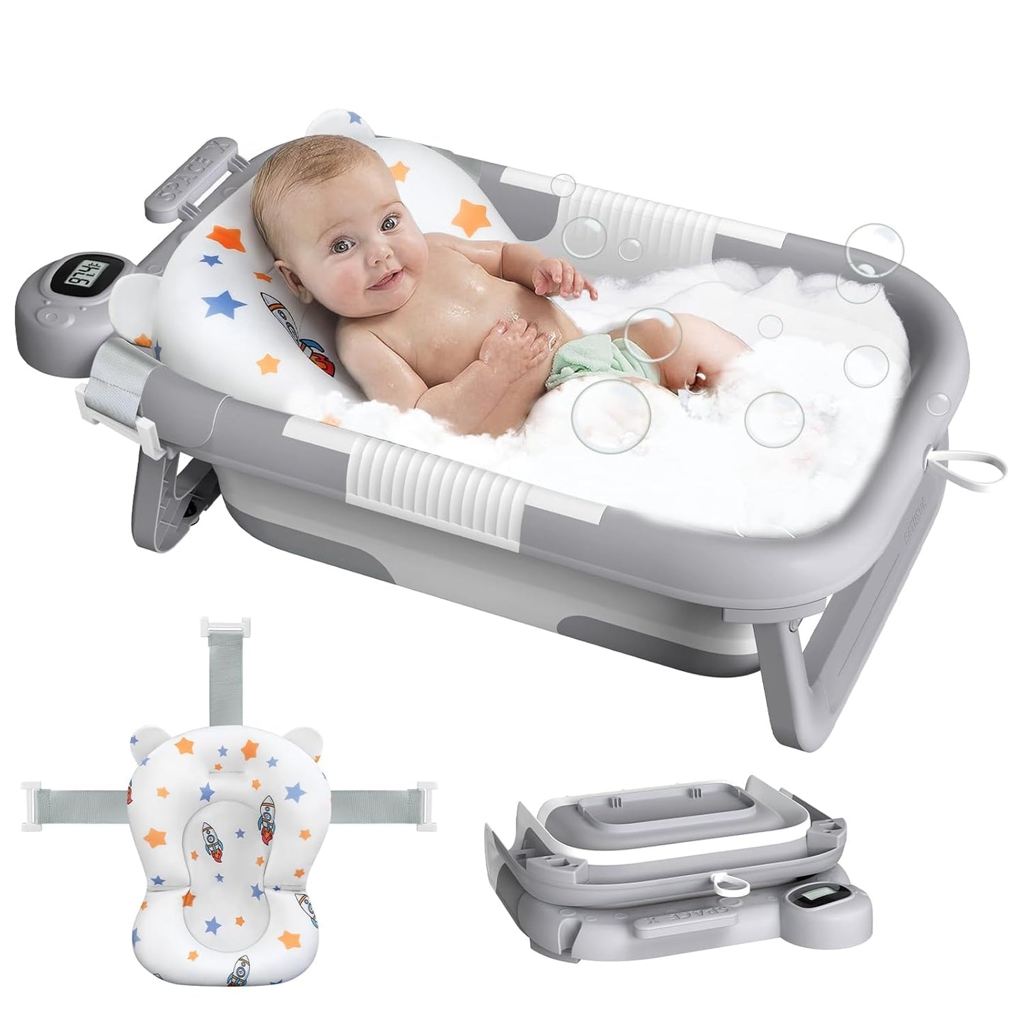 Collapsible Baby Bath Tub for Newborn to Toddler with Cushion
