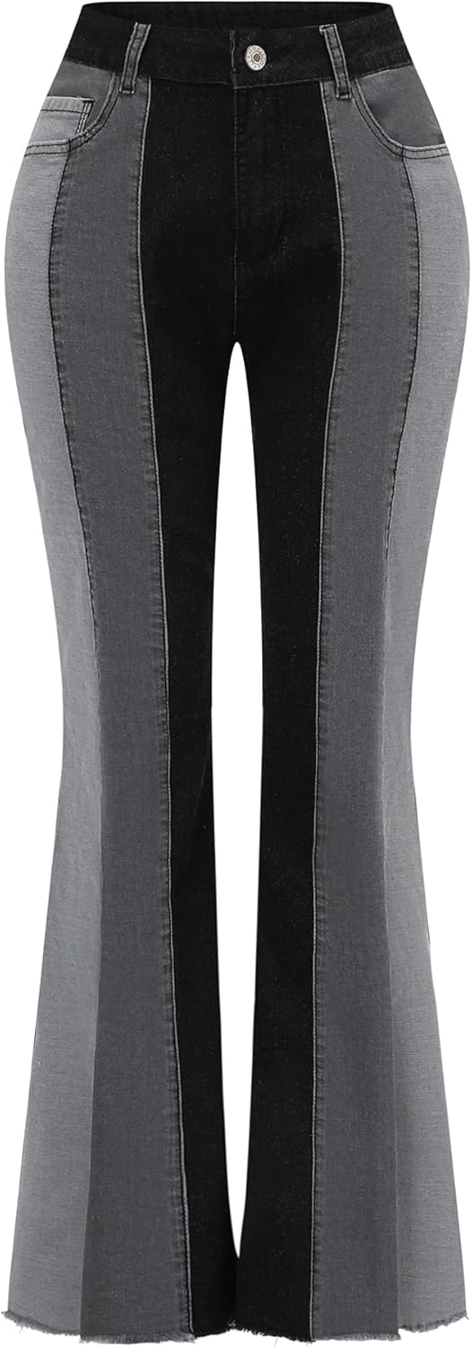 Patchwork Flare Jeans for Women - High Waisted Bell Bottom Style