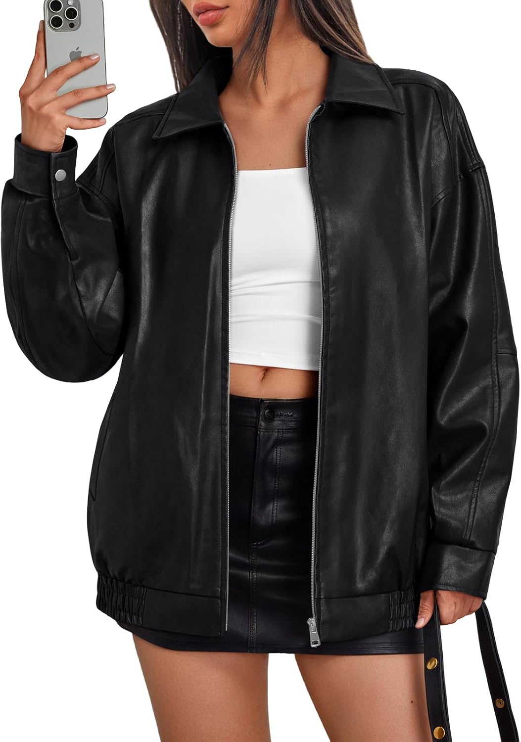 Trendy Queen Womens Leather Jackets Oversized Moto Biker Coat