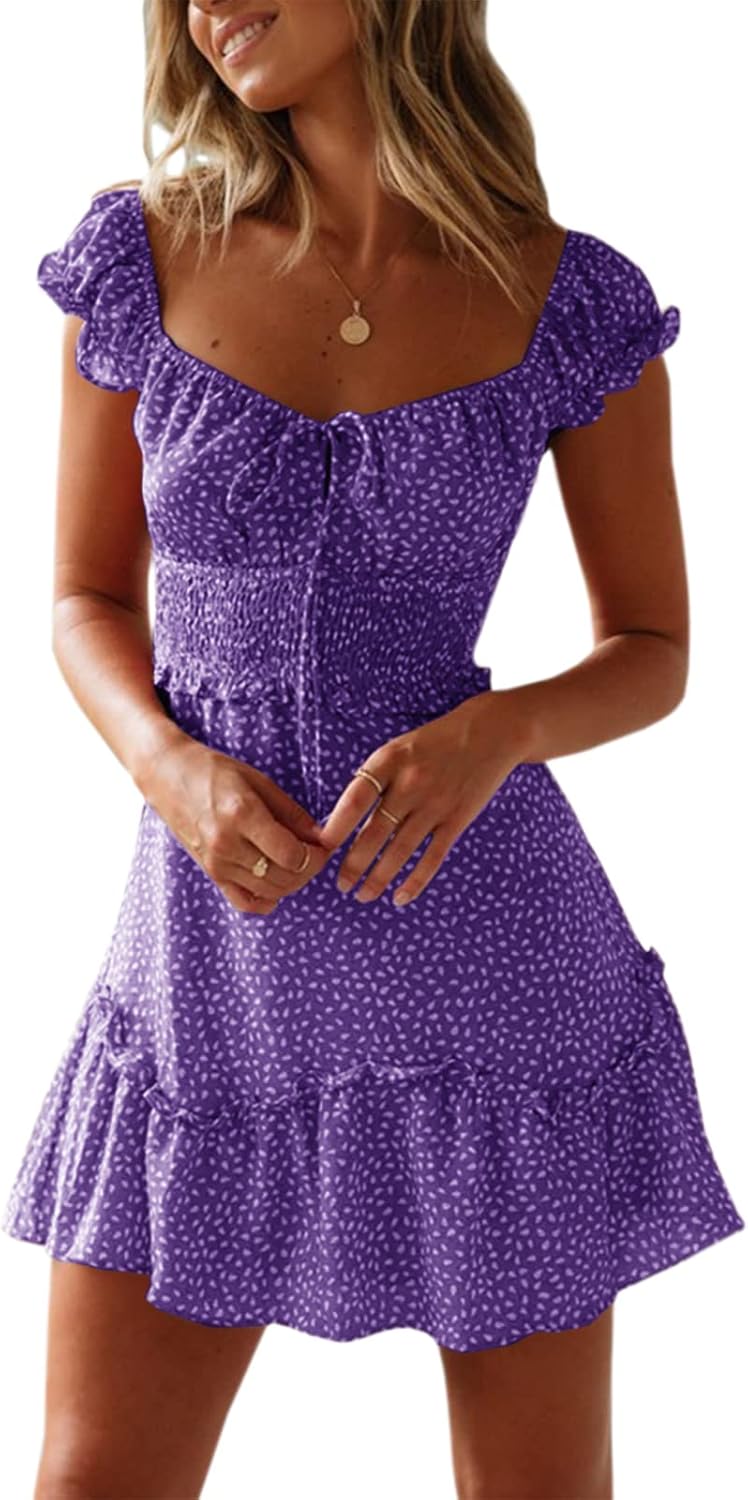 YOBECHO Womens Summer Ruffle Sleeve Sweetheart Neckline Dress