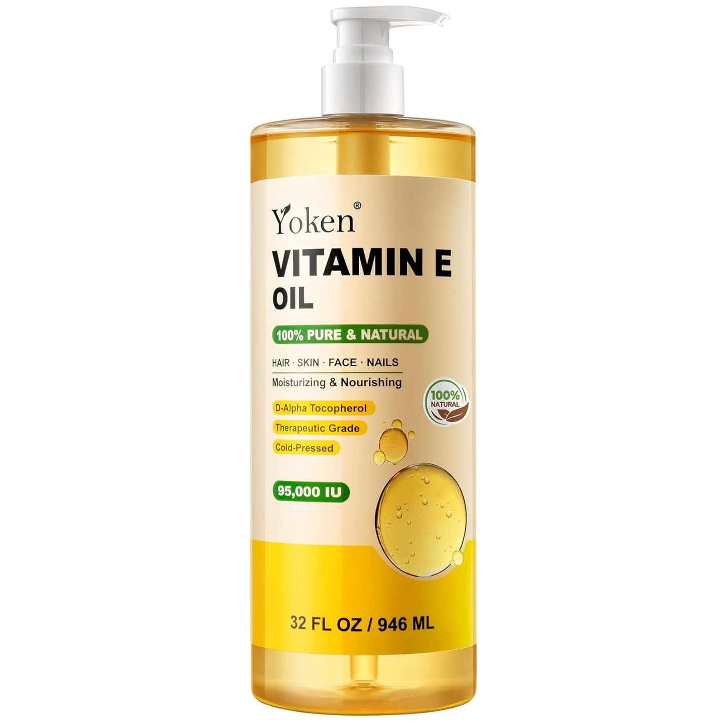 Yoken Vitamin E Oil 32 Fl Oz for Skin, Hair, and Nails