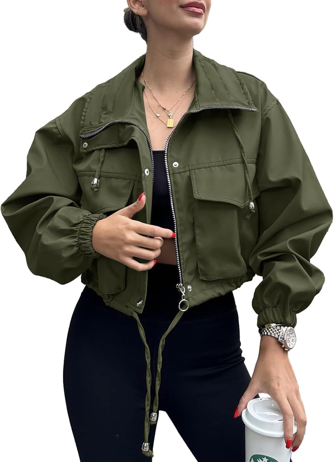 Tankaneo Womens Cropped Jacket Zip Up Lightweight Utility Coat