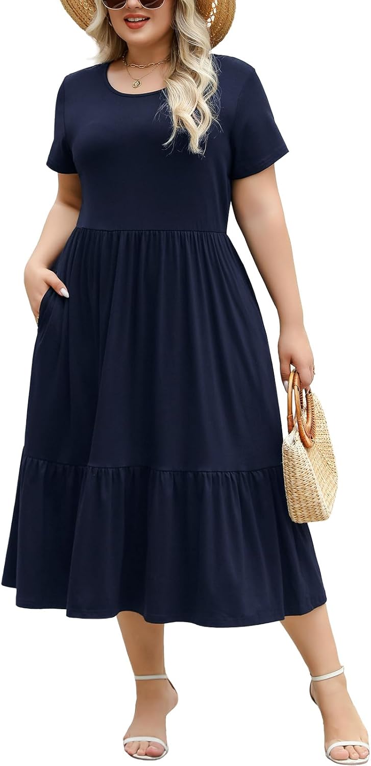 Women's Plus Size Midi Casual Dress with Pockets for Summer