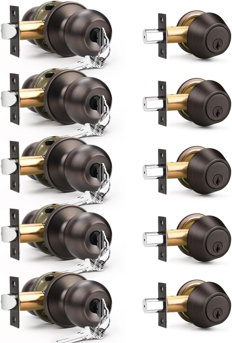5 Pack Entry Door Locksets with Deadbolt and Round Knob Set