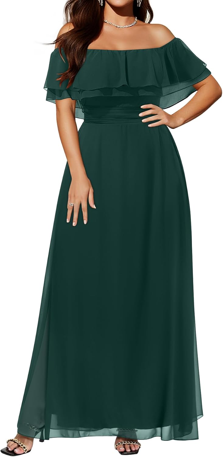 Elegant Off The Shoulder Chiffon Maxi Bridesmaid Dress for Plus Size