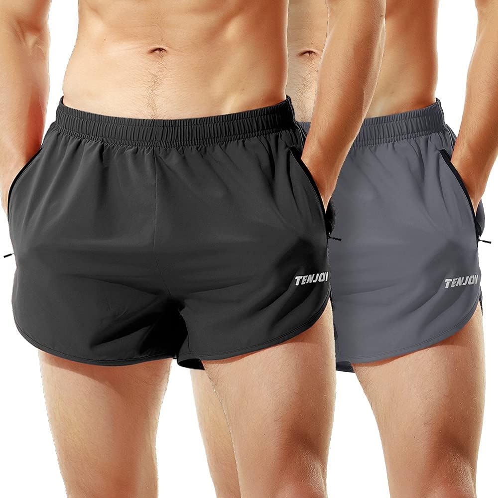 TENJOY Men's Running Shorts with Zipper Pocket for Comfort