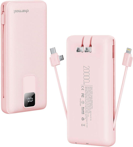 Charmast 20W Fast Charge Power Bank - Built-in Cables, Wall Plug - iPhone, Samsung Compatible