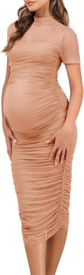 Baby Shower Maternity Mesh Bodycon Dress for Women - Ruched Midi