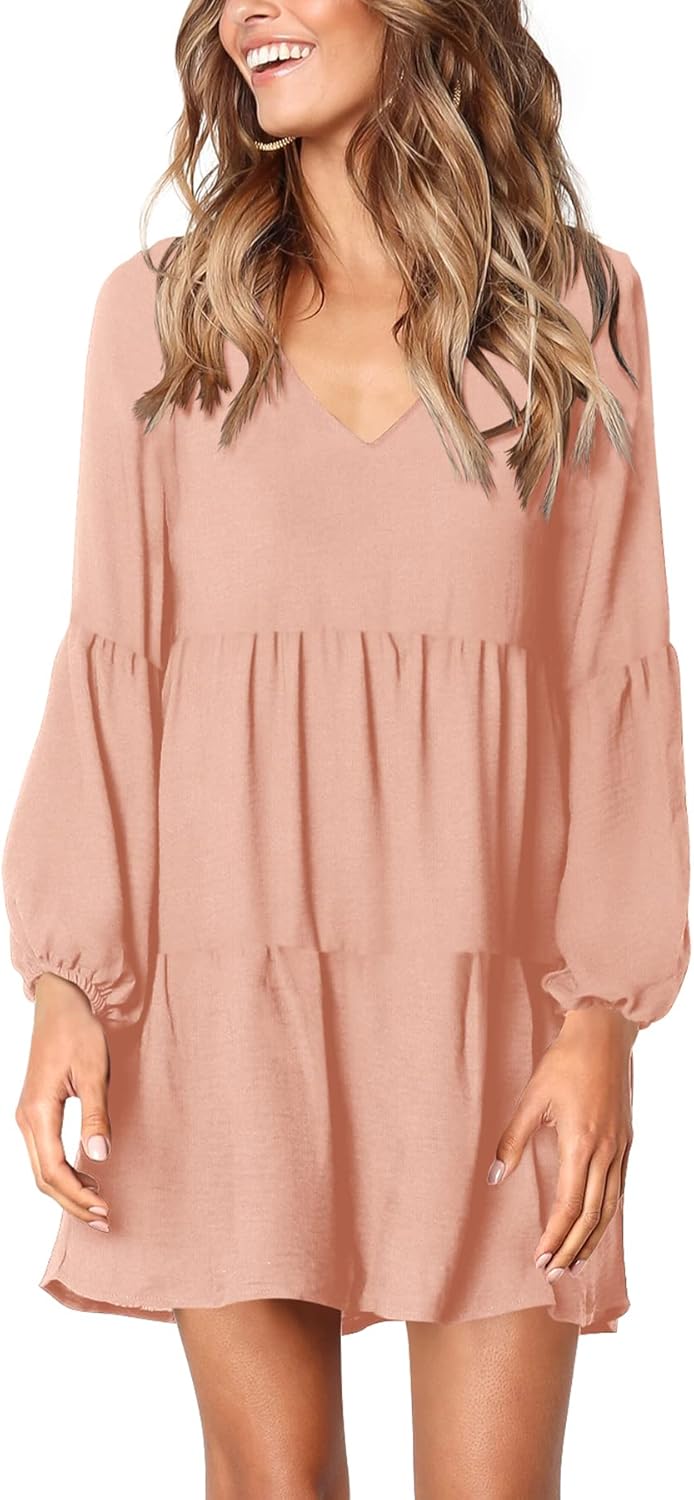 Amoretu Womens Tunic Dress Long Sleeve V Neck Casual Style
