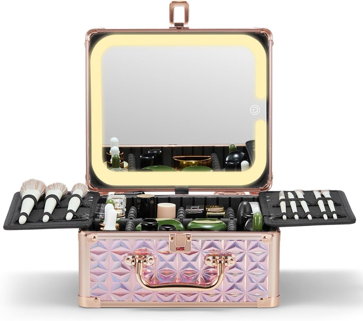 Qislee Makeup Box with Lighted Mirror and Adjustable Dividers