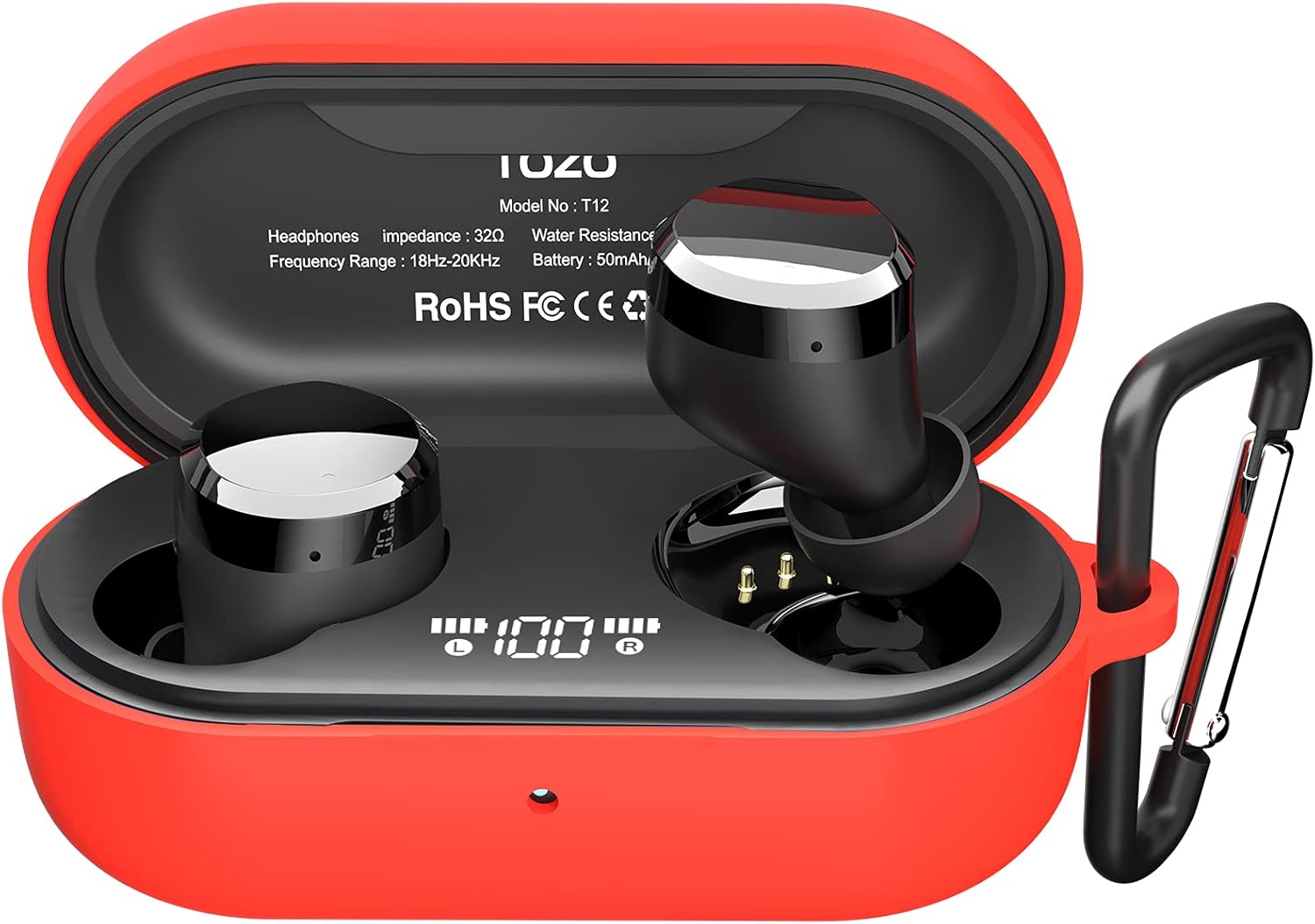 TOZO T12 Red Silicone Case - Shockproof Skin with LED Visibility