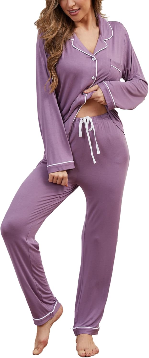 Button Up Pajamas for Women Long Sleeve Soft Loungewear Set