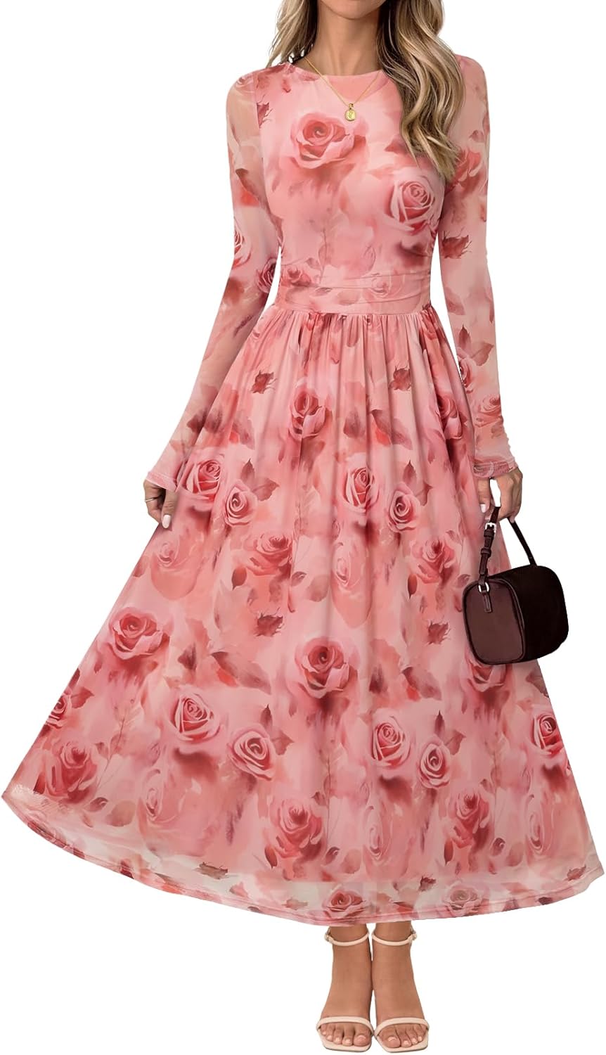 MEROKEETY Women's Long Sleeve Floral Maxi Dress for Weddings