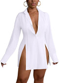 Women's Button Down Shirt Dress with Slit Hem - Sexy Mini Dress