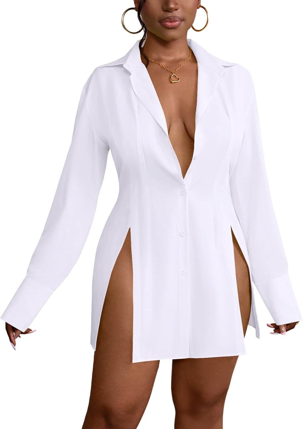LYANER Women's Sexy Mini Shirt Dress with Long Sleeves and Slit