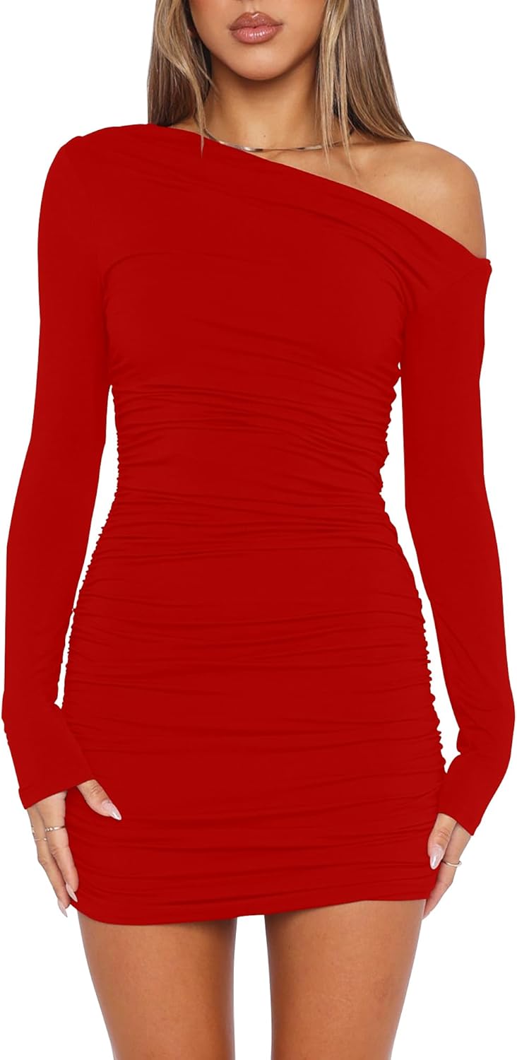 Mokoru Women's Sexy Elegant Off Shoulder Ruched Mini Dress