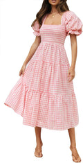 Bohemian Plaid Square Neck Puff Sleeve Ruffle Midi Dress - Flowy Fit