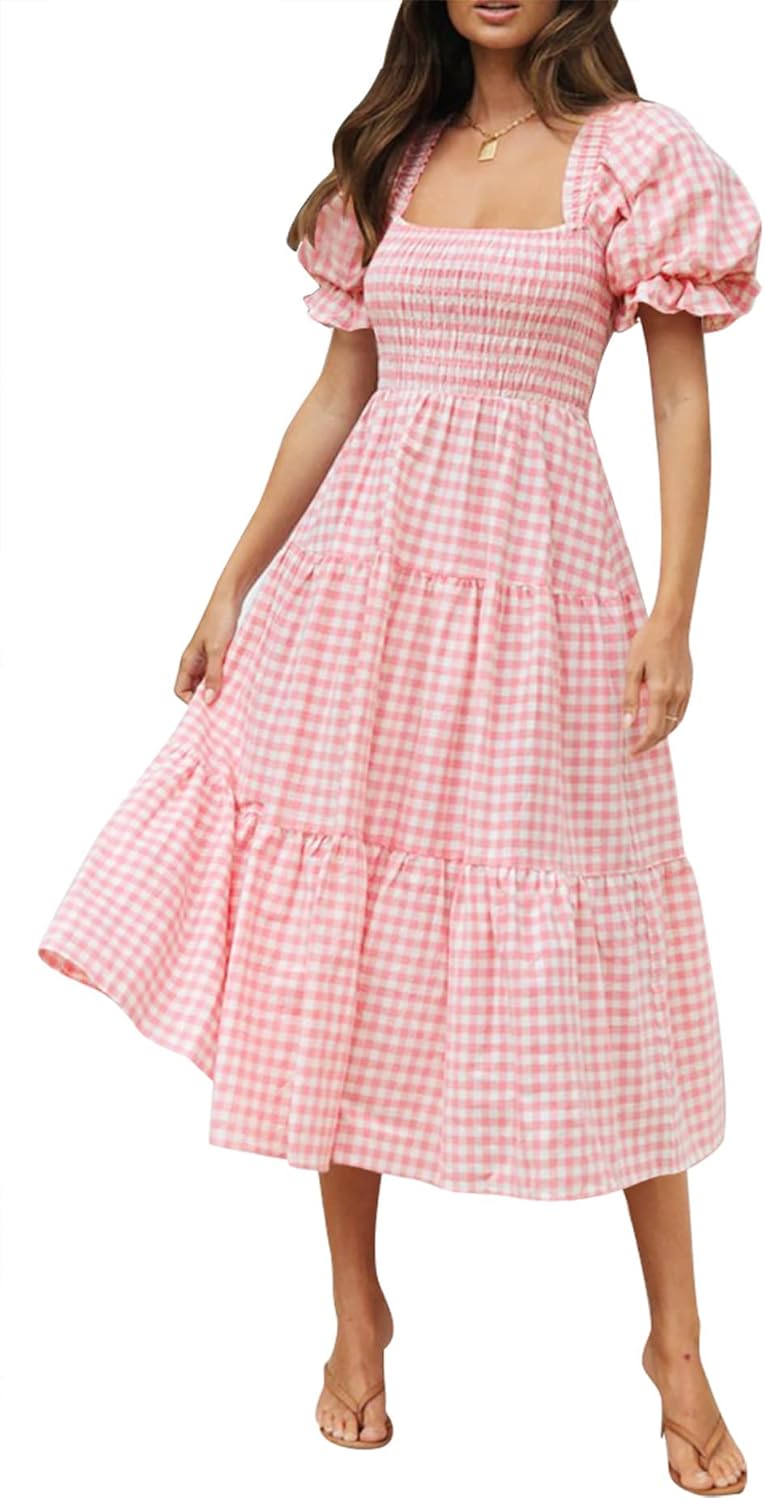 ZESICA Women's Bohemian Summer Midi Dress with Puff Sleeves