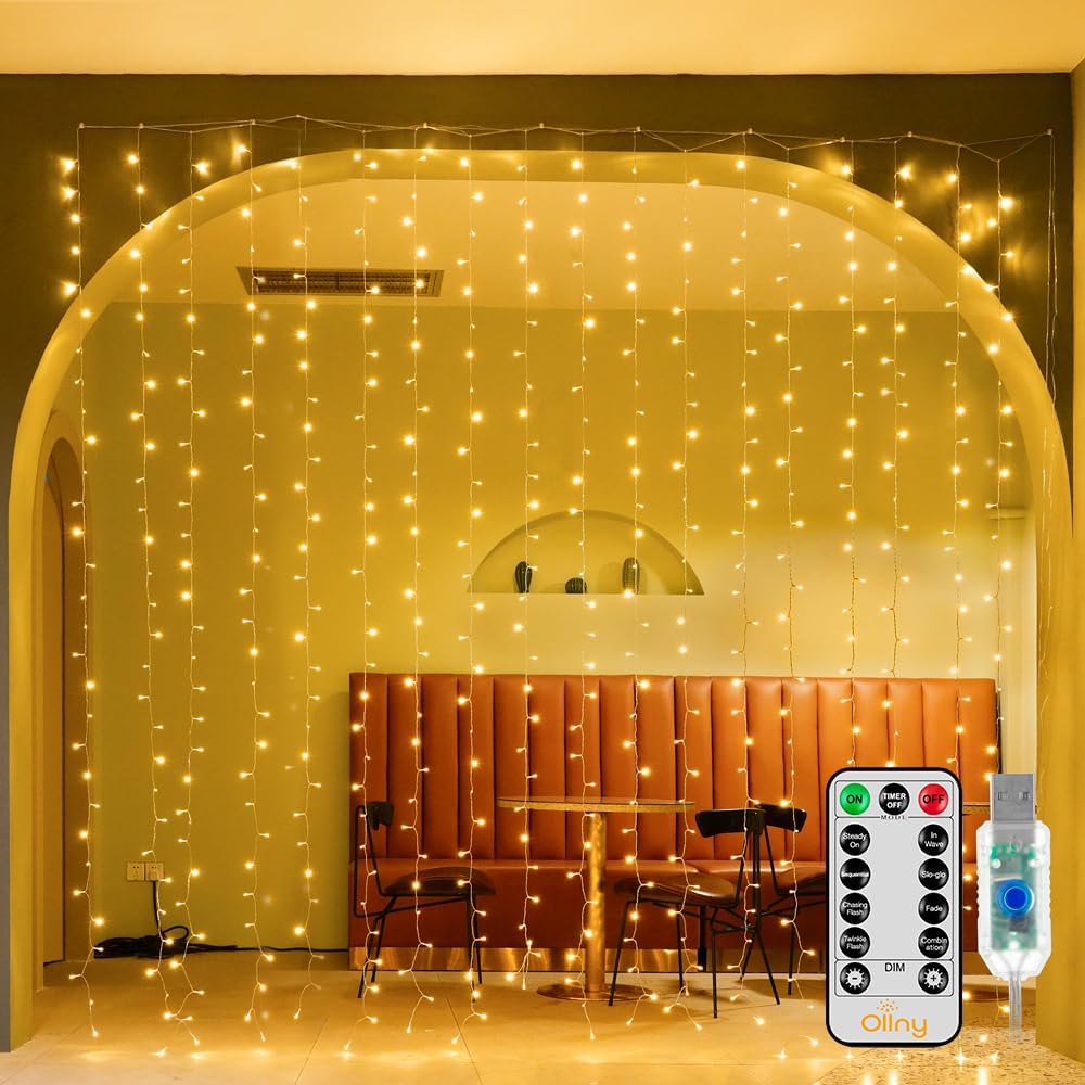 Ollny 300 LED Christmas Curtain Lights - Remote Controlled Waterproof 8 Modes