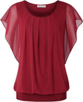 BAISHENGGT Womens Summer Tops Flutter Short Sleeve Pleated Mesh Blouse