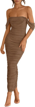 PRETTYGARDEN Off The Shoulder Ruched Bodycon Maxi Dress - Summer Split