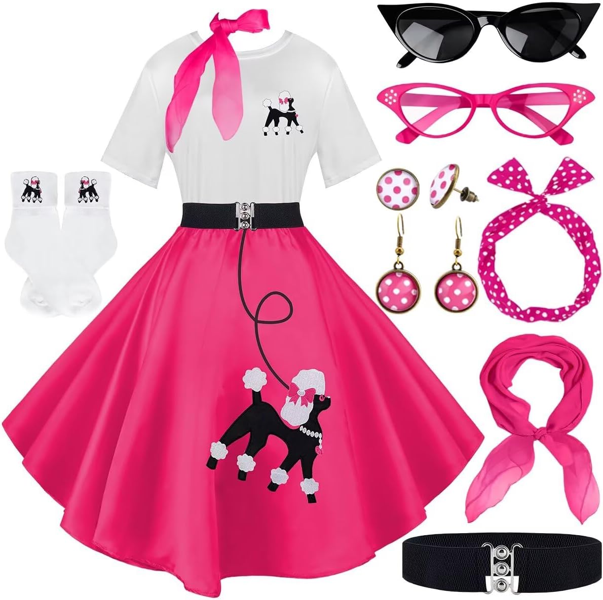 10Pcs Sock Hop Outfits Women with 1950s Poodle Skirts