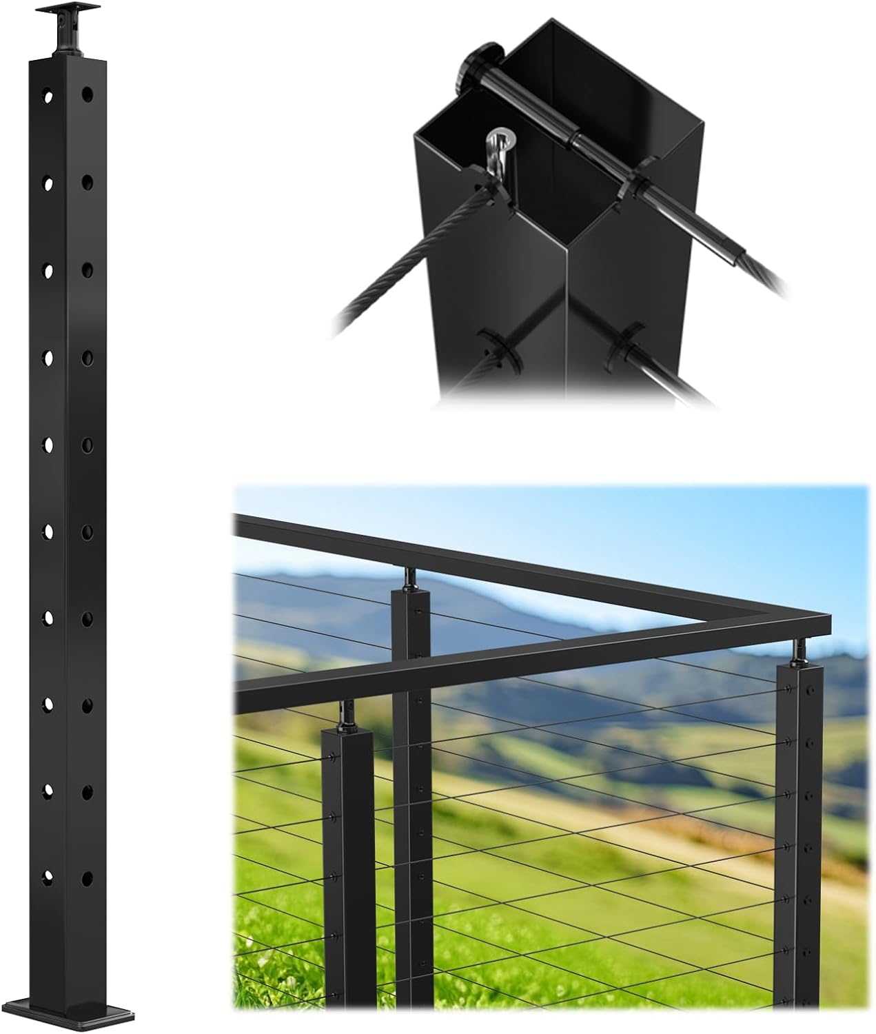 Muzata Black Corner Cable Railing Post for Indoor and Outdoor Use