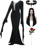 Morticia Addams Gothic Black Long Dress Costume - Complete 4-Piece Set