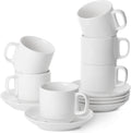 Stackable Tea Cups and Saucers Set of 6 - Space-Saving Porcelain Cups