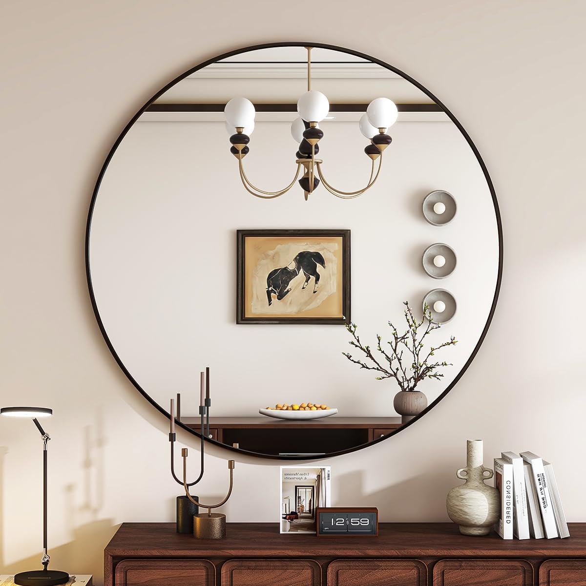 Black Round Mirror 24 Inch Circle for Bathroom and Living Room