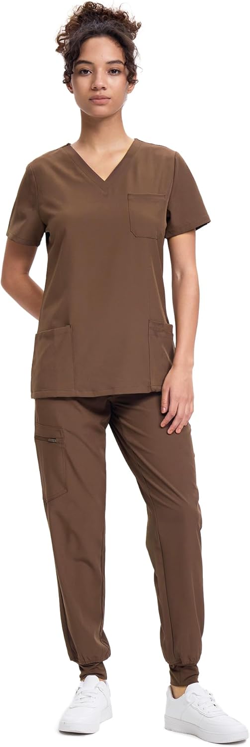 Women's V-Neck Scrubs Top & Cargo Pants Set with 10 Pockets
