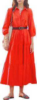 Women Button Down Maxi Shirt Dress Long Sleeve Flowy Tiered Collared