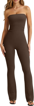 OQQ Womens Strapless Tube Jumpsuit - Ruched Classic-Fit with Flare