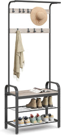 Greige and Black Hall Tree Coat Rack with Shoe Bench - 4-in-1 Entryway