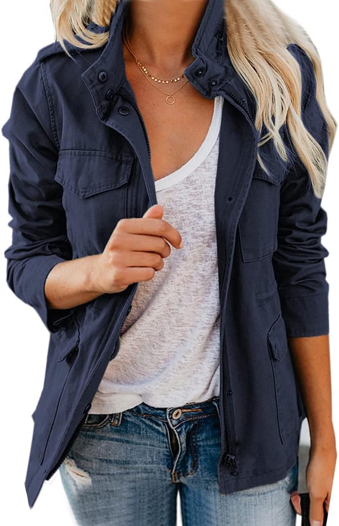 Chouyatou Women's Fall Stand Collar Zip Up Military Jacket