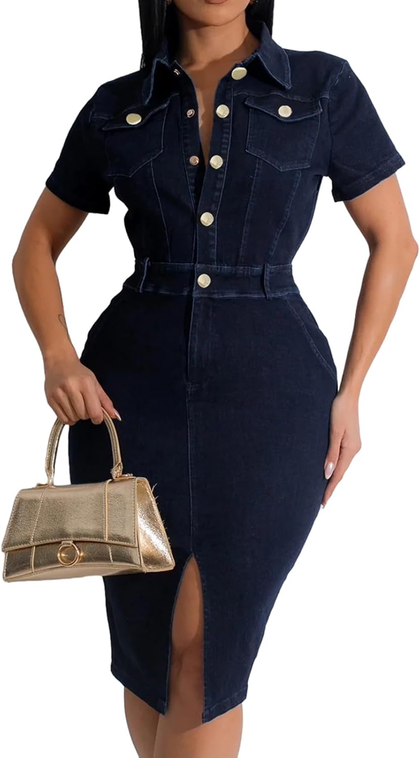 Denim Dress for Women Bodycon Sexy Short Sleeve Jean Split Workwear